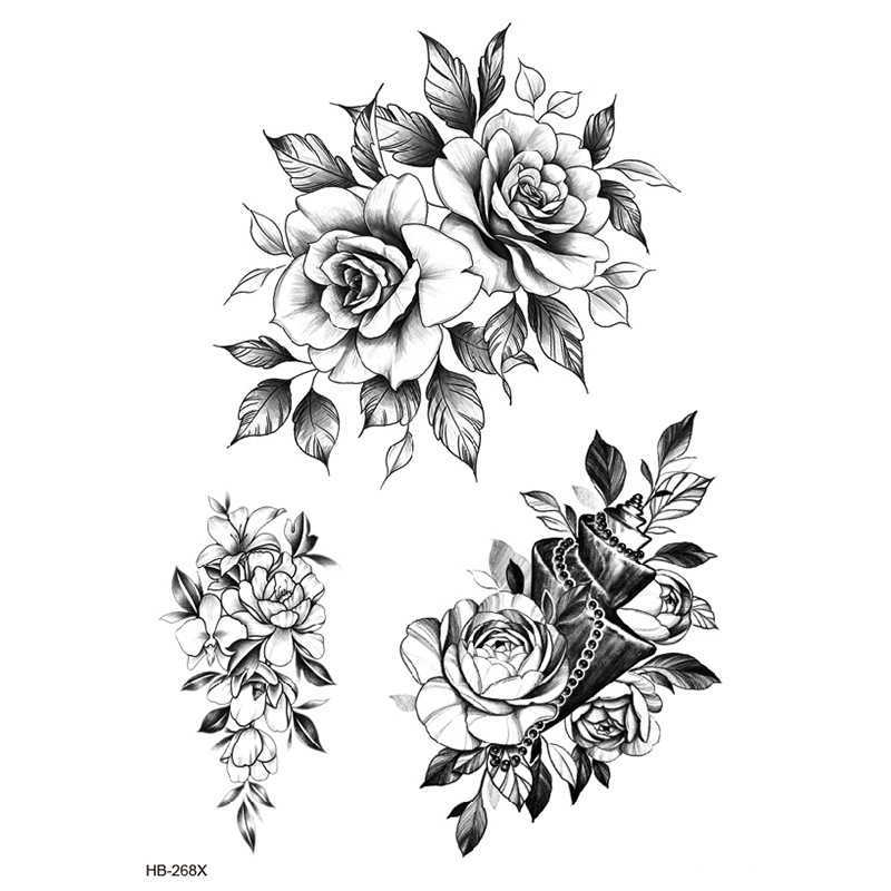 New Flower Arm Tattoo Sticker Waterproof Half Black and White Peony Set