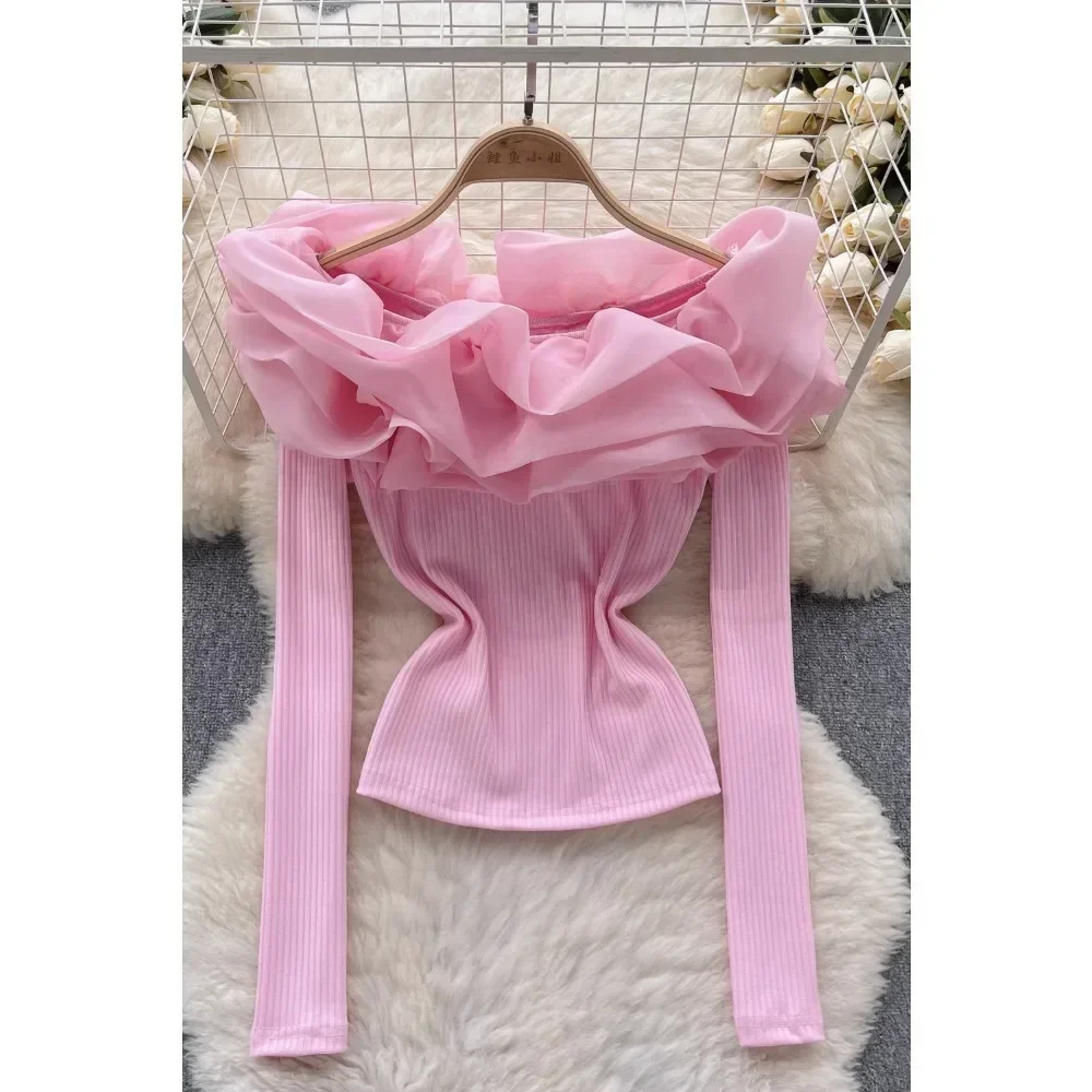 Womens Blouses Shirts Knitting Blouse For Women Fashion Slash Neck Long Sleeve Flounced Edge Skinny Shirts Autumn Elegant Female Tops Dropship