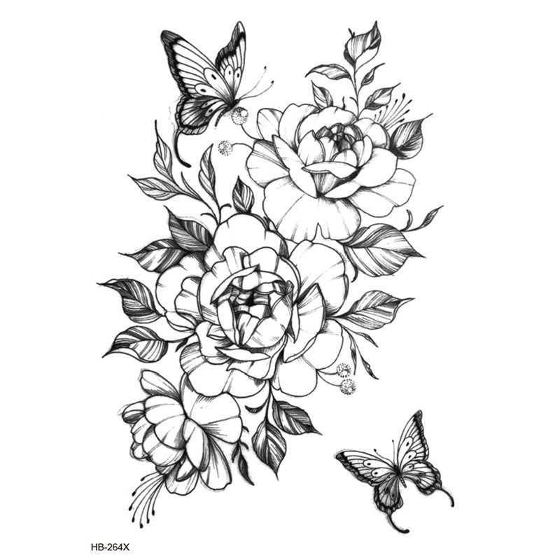 New Flower Arm Tattoo Sticker Waterproof Half Black and White Peony Set