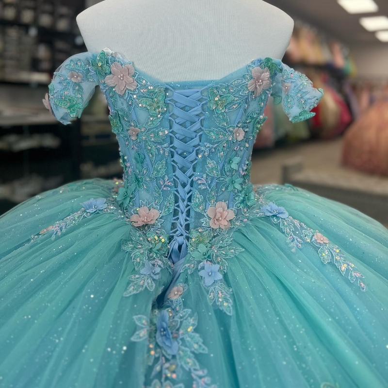 Aqua Blue Sequin Appliques Lace Bow Off The Shoulder Quinceanera Dress 2025 Ball Gown Sweep Train Tulle Princess Party Prom Dress
