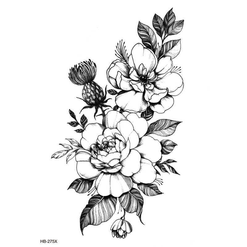 New Flower Arm Tattoo Sticker Waterproof Half Black and White Peony Set