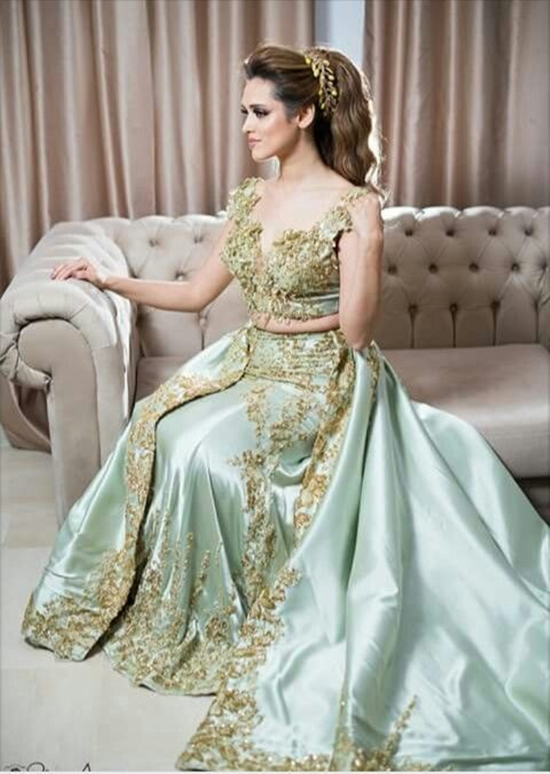 Elegant Saudi Arabic Mermaid Evening Dresses With Gold Lace Appliques Sage Satin Long Prom Party Gowns For Women 2024 Chic Tunisa Dubai Formal Occasio