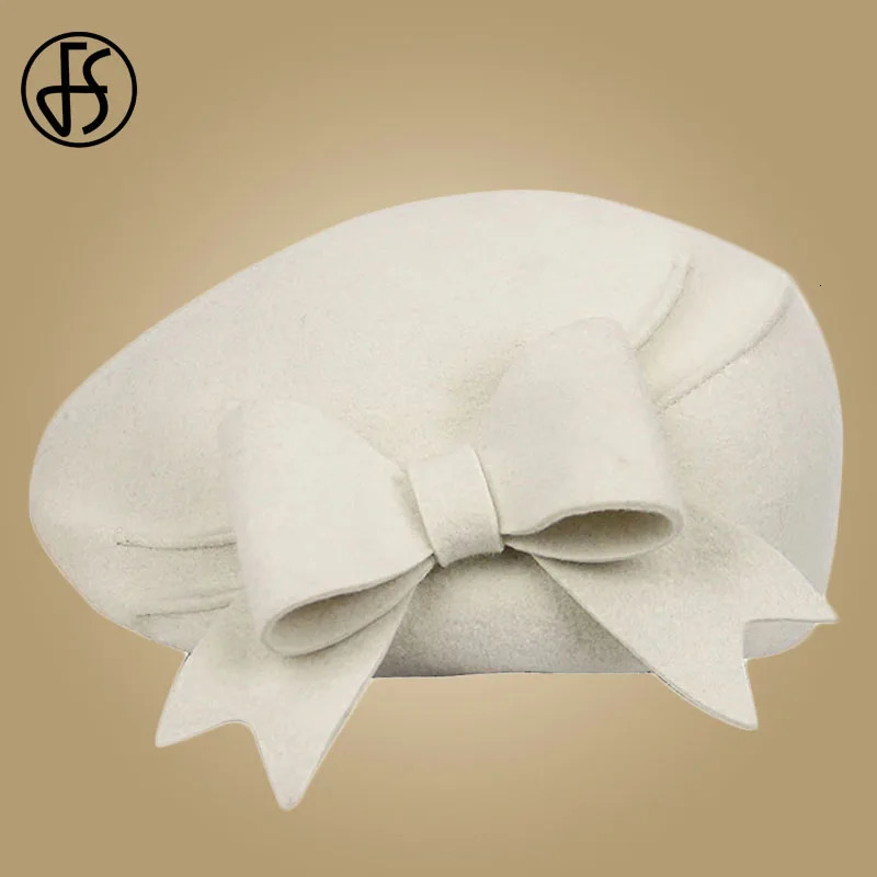 Berets FS Elegant Beret Women's Wool Felt Fascinators Fedora Red Women Church Hats White Black Wedding Ladies Hat Bow Caps Pillbox Hat 231208