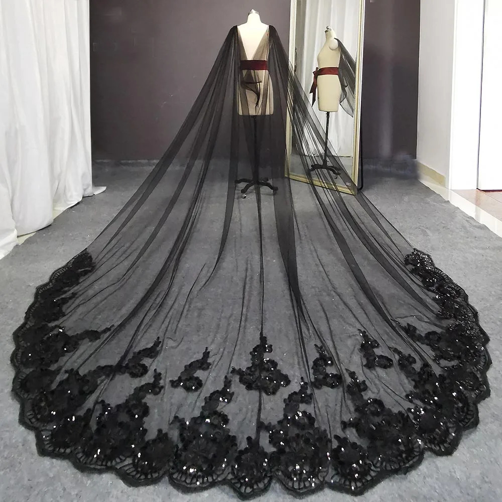 Wedding Hair Jewelry Real Pos Black Long Wedding Boleros Bling Sequins Lace Cathedral Bridal Cape Bolero Mariage Wedding Accessories Shoulder Veil 231
