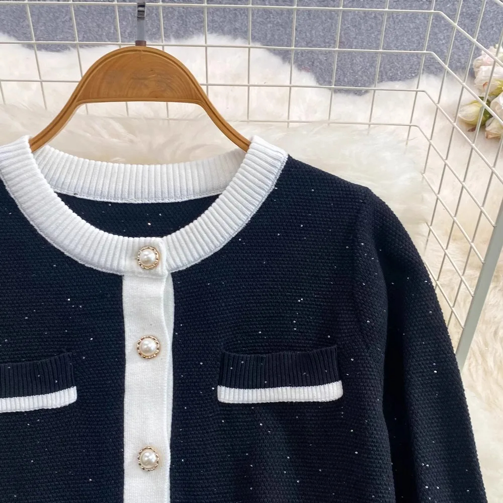 Dress Autumn Winter Striped Knitted Two Piece Set Women Christmas Pearls Single Breasted Sweater Coat And Straight Midi Skirt Suits 2025