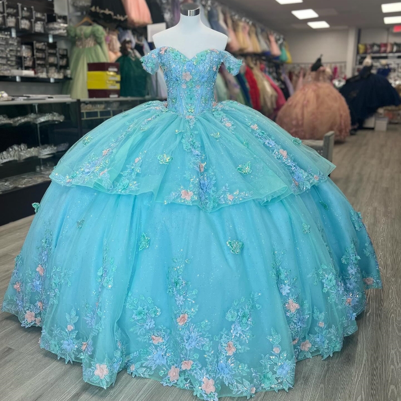 Aqua Blue Sequin Appliques Lace Bow Off The Shoulder Quinceanera Dress 2025 Ball Gown Sweep Train Tulle Princess Party Prom Dress
