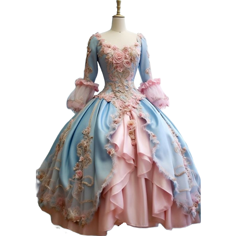 Vintage Floor Length Quinceanera Dresses 3D Flowers Appliques Long Sleeves Princess Light Sky Blue And Pink Prom Special Occasion Dress For Women Girl