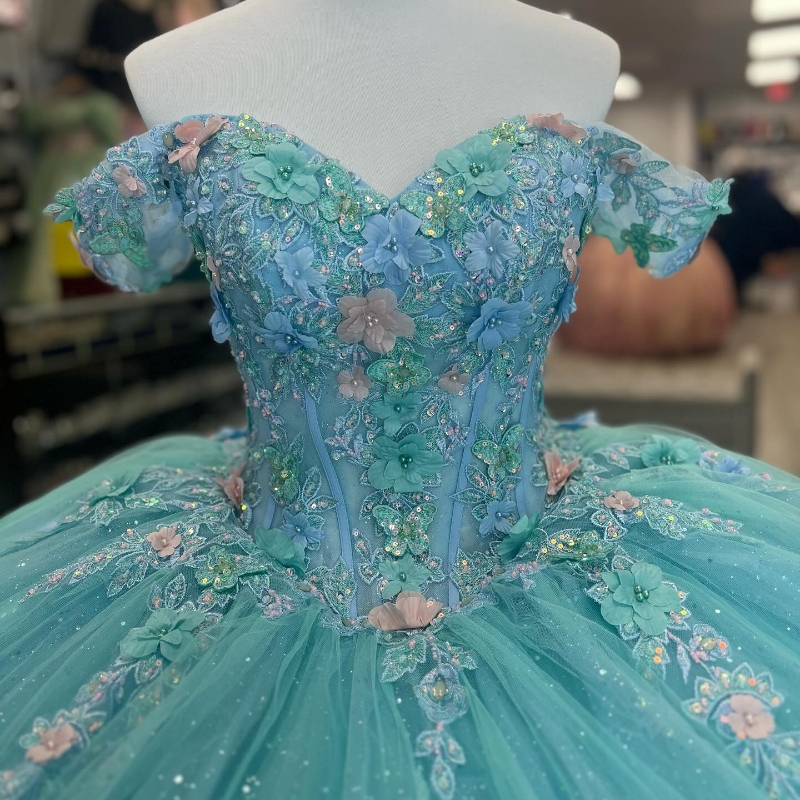 Aqua Blue Sequin Appliques Lace Bow Off The Shoulder Quinceanera Dress 2025 Ball Gown Sweep Train Tulle Princess Party Prom Dress
