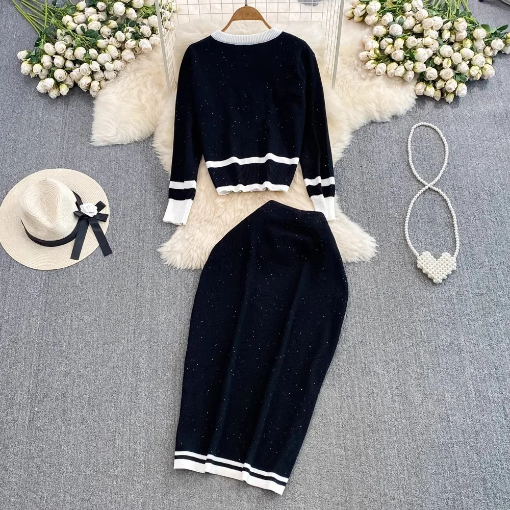 Dress Autumn Winter Striped Knitted Two Piece Set Women Christmas Pearls Single Breasted Sweater Coat And Straight Midi Skirt Suits 2025