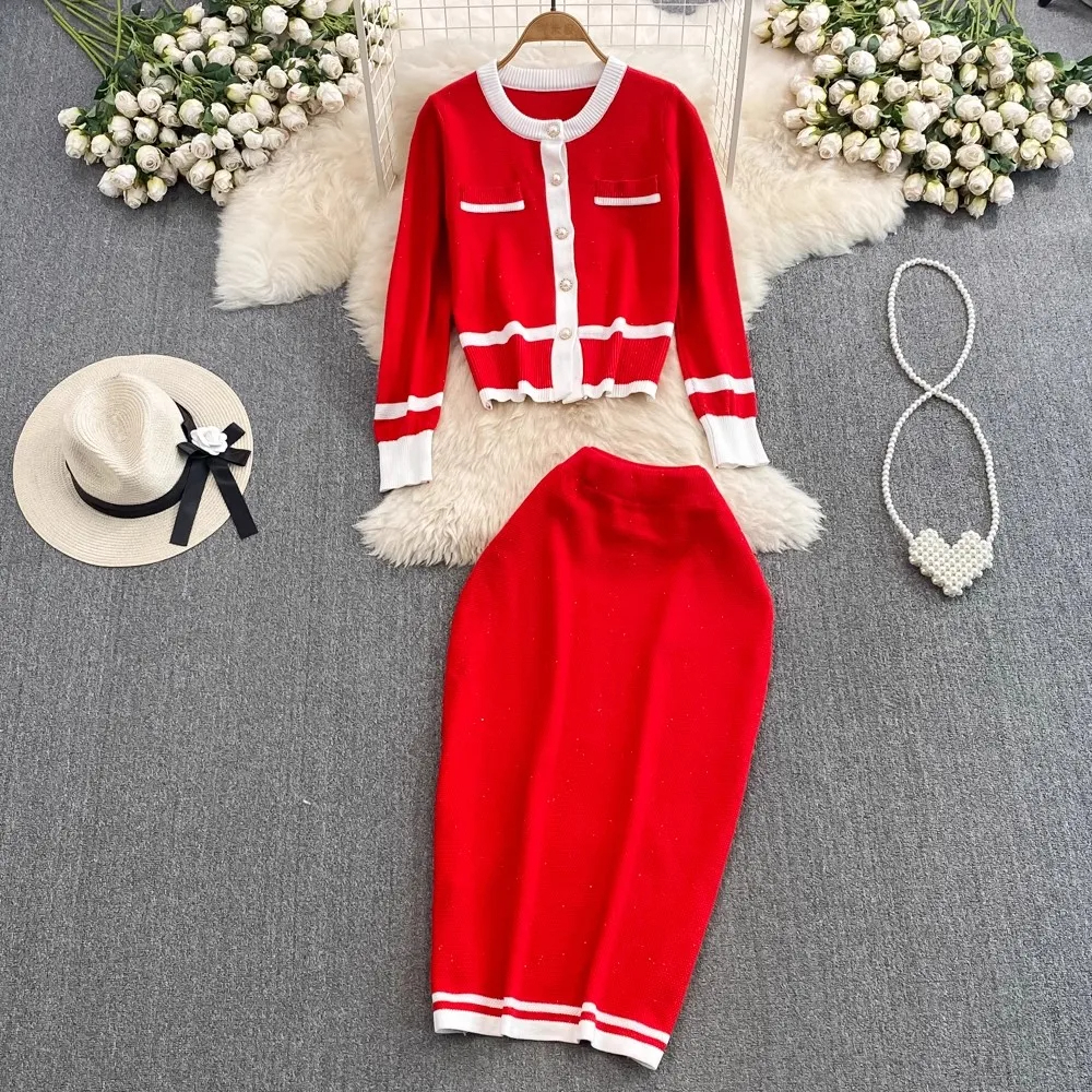 Dress Autumn Winter Striped Knitted Two Piece Set Women Christmas Pearls Single Breasted Sweater Coat And Straight Midi Skirt Suits 2025