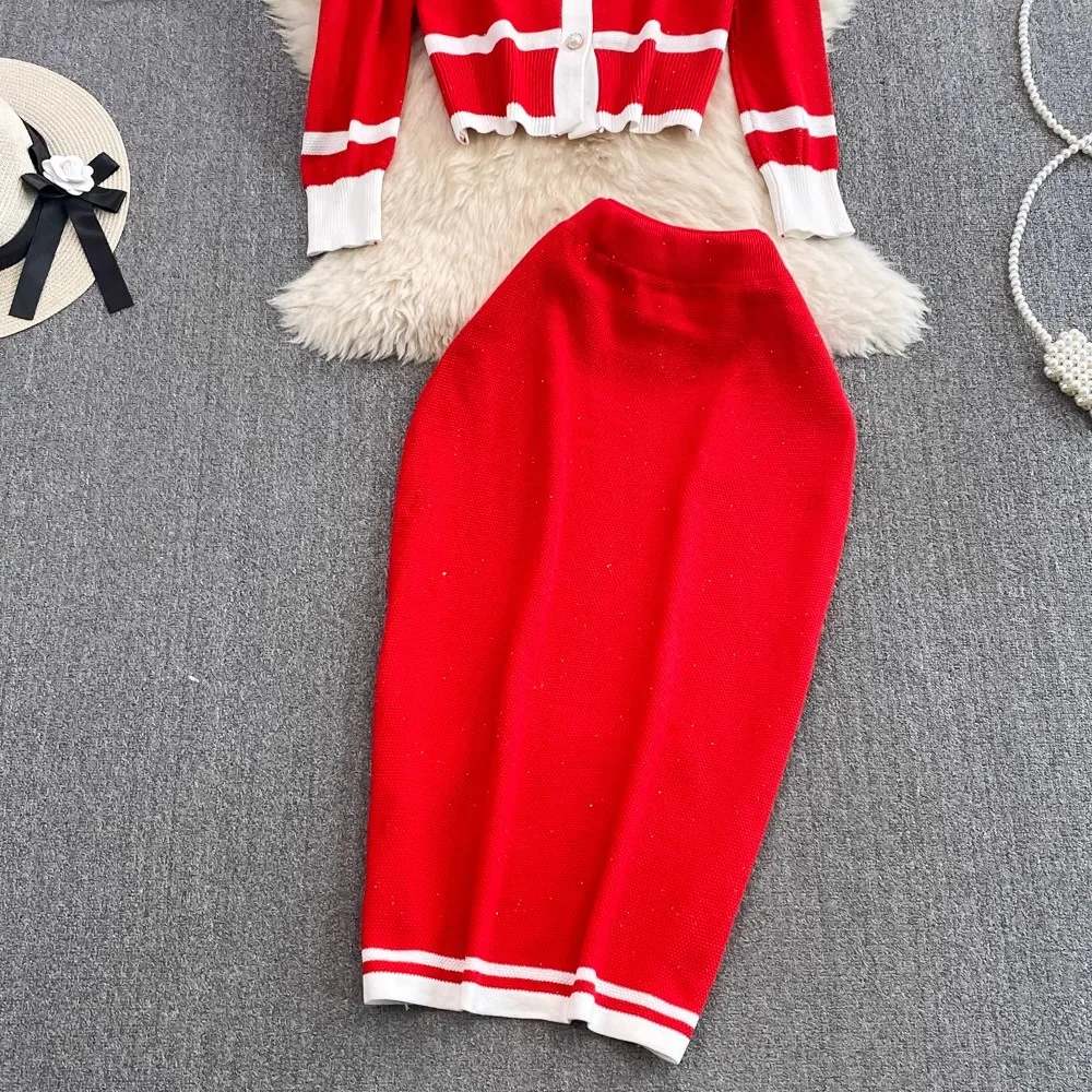 Dress Autumn Winter Striped Knitted Two Piece Set Women Christmas Pearls Single Breasted Sweater Coat And Straight Midi Skirt Suits 2025