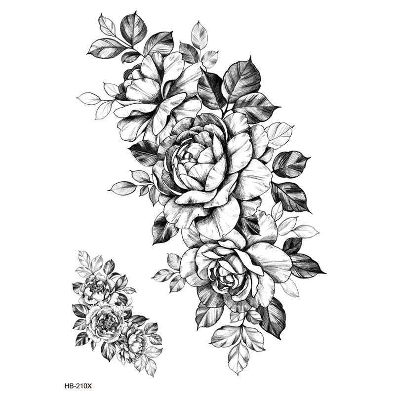 New Flower Arm Tattoo Sticker Waterproof Half Black and White Peony Set