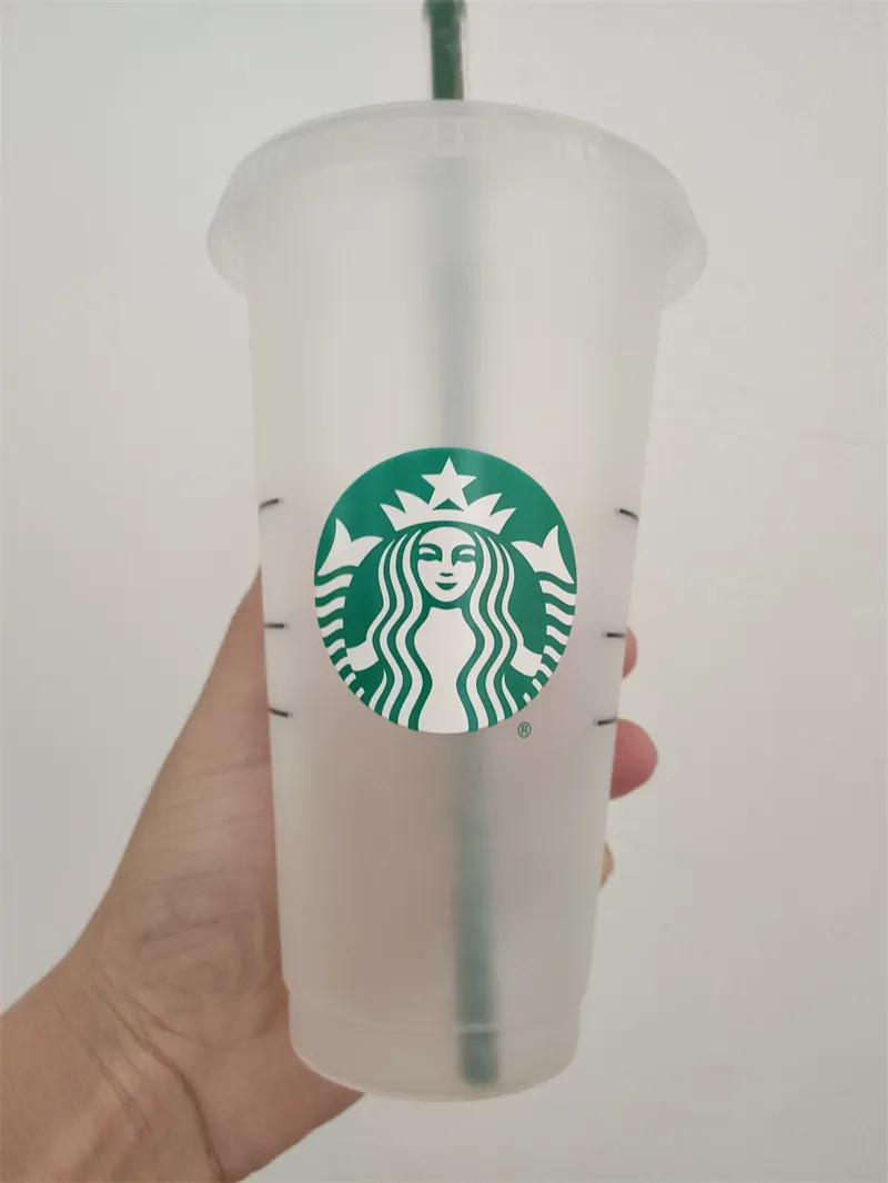Starbucks 24OZ/710ml Plastic mug Reusable Clear Drinking Flat Bottom Cup Pillar Shape Lid Straw Mug Bardian DHL
