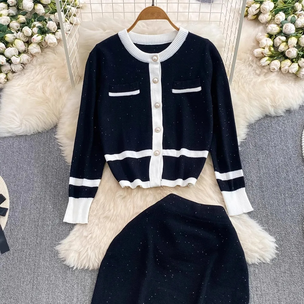 Dress Autumn Winter Striped Knitted Two Piece Set Women Christmas Pearls Single Breasted Sweater Coat And Straight Midi Skirt Suits 2025