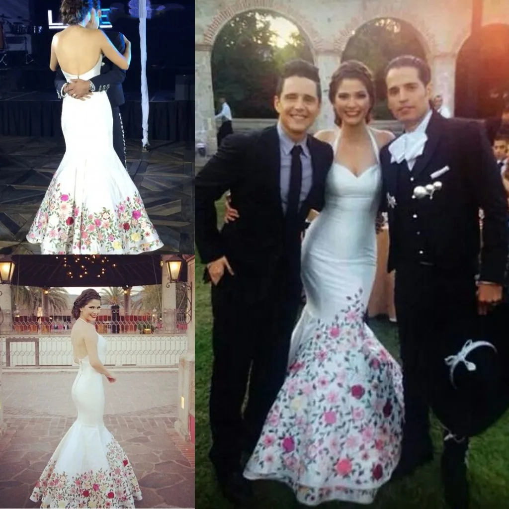 Embroidery Mermaid Wedding Dresses Colorful Embroidery Halter Sweetheart Neck Backless Floor Length Satin Bridal Gowns Custom Made Bride Reception Dre