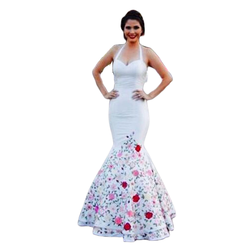 Embroidery Mermaid Wedding Dresses Colorful Embroidery Halter Sweetheart Neck Backless Floor Length Satin Bridal Gowns Custom Made Bride Reception Dre