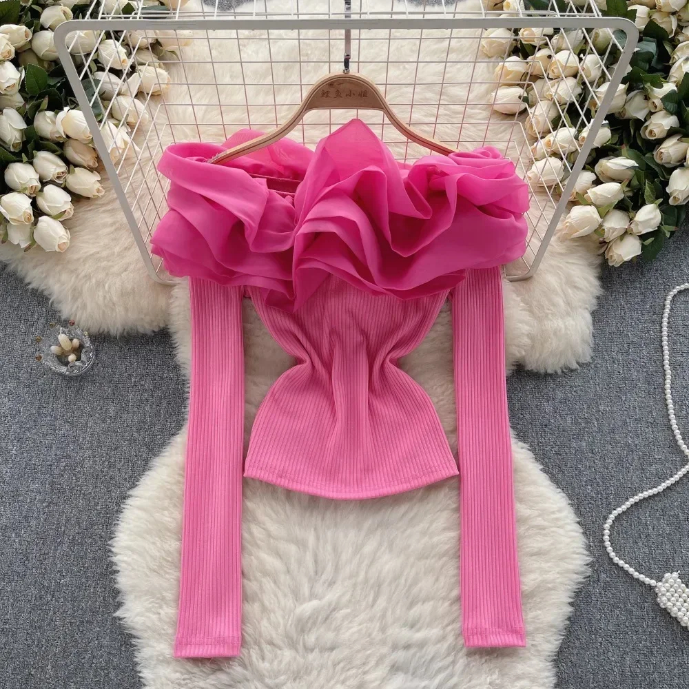 Womens Blouses Shirts Knitting Blouse For Women Fashion Slash Neck Long Sleeve Flounced Edge Skinny Shirts Autumn Elegant Female Tops Dropship