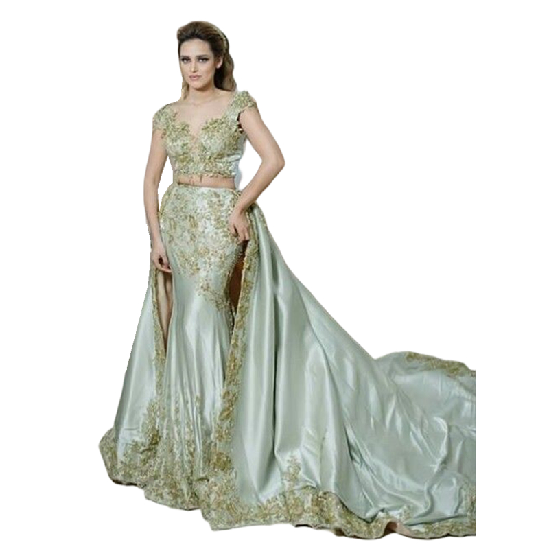 Elegant Saudi Arabic Mermaid Evening Dresses With Gold Lace Appliques Sage Satin Long Prom Party Gowns For Women 2024 Chic Tunisa Dubai Formal Occasio