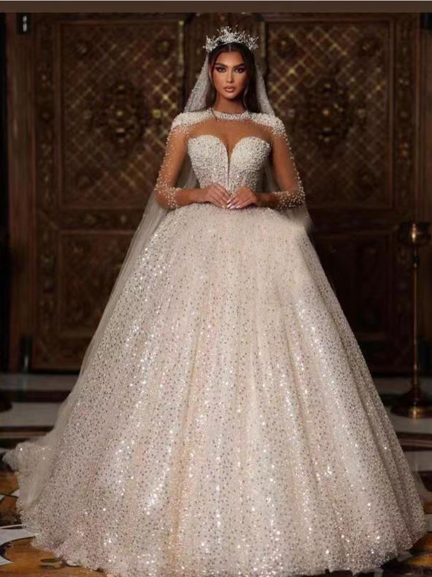 2024 Classic Sequins African Wedding Dress O-Neck Pearls Beads Long Illusion Sleeves Chapel Train Elegant Bridal Gowns Custom Made Vestidos De Novia