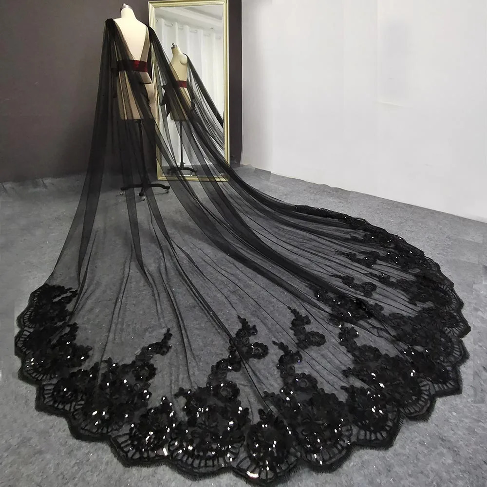 Wedding Hair Jewelry Real Pos Black Long Wedding Boleros Bling Sequins Lace Cathedral Bridal Cape Bolero Mariage Wedding Accessories Shoulder Veil 231