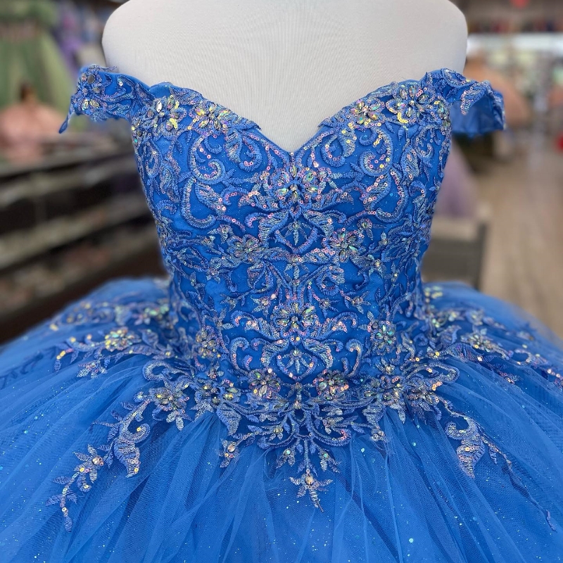 Blue Shiny Quinceanera Dresses Ball Birthday Gown Sparkly Applique Lace Off The Shoulder Lace-Up Sweet 16 Dress vestidos de 15
