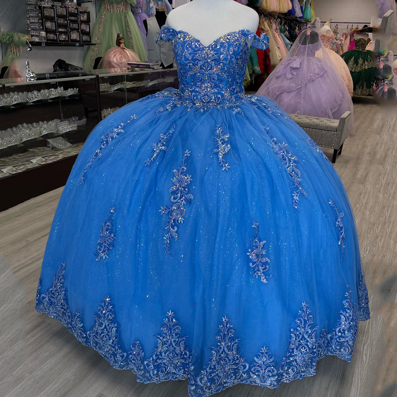 Blue Shiny Quinceanera Dresses Ball Birthday Gown Sparkly Applique Lace Off The Shoulder Lace-Up Sweet 16 Dress vestidos de 15