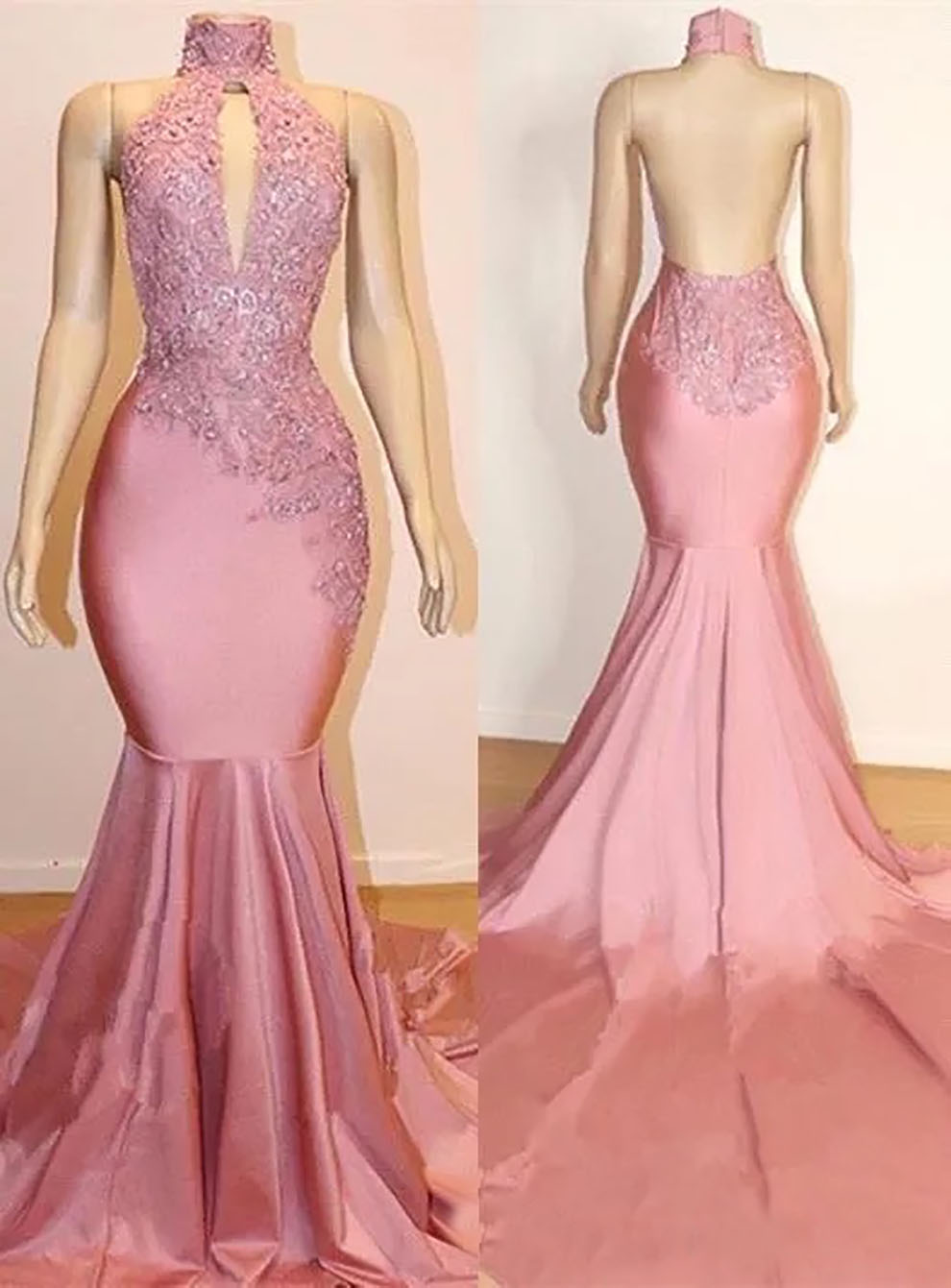 Evening Dresses Pink Prom Gown Party Mermaid Beaded Applique Custom Zipper Lace Up Plus Size New High Neck Sleeveless Elastic Satin Backless