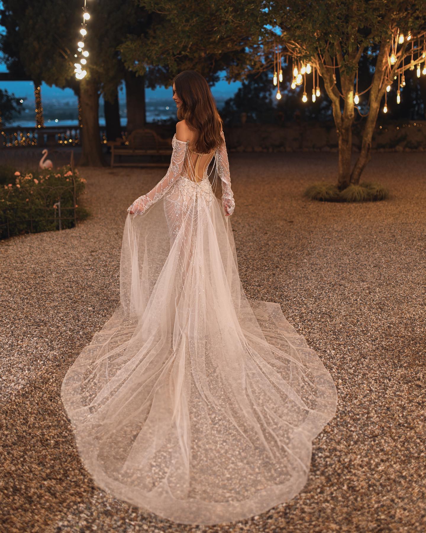 Berta Crystal Mermaid Dresses Off Shoulder Long Sleeves Overskirts Wedding Dress Sweep Train Illusion Back Bridal Gowns