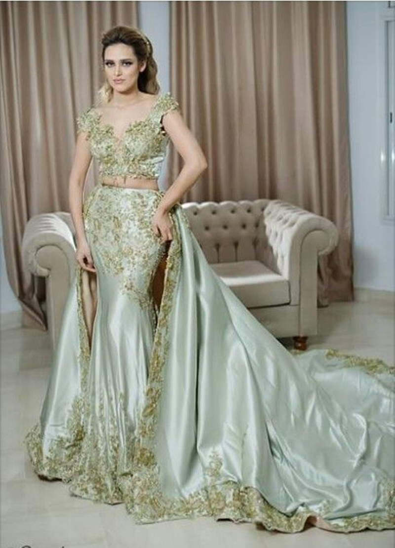 Elegant Saudi Arabic Mermaid Evening Dresses With Gold Lace Appliques Sage Satin Long Prom Party Gowns For Women 2024 Chic Tunisa Dubai Formal Occasio