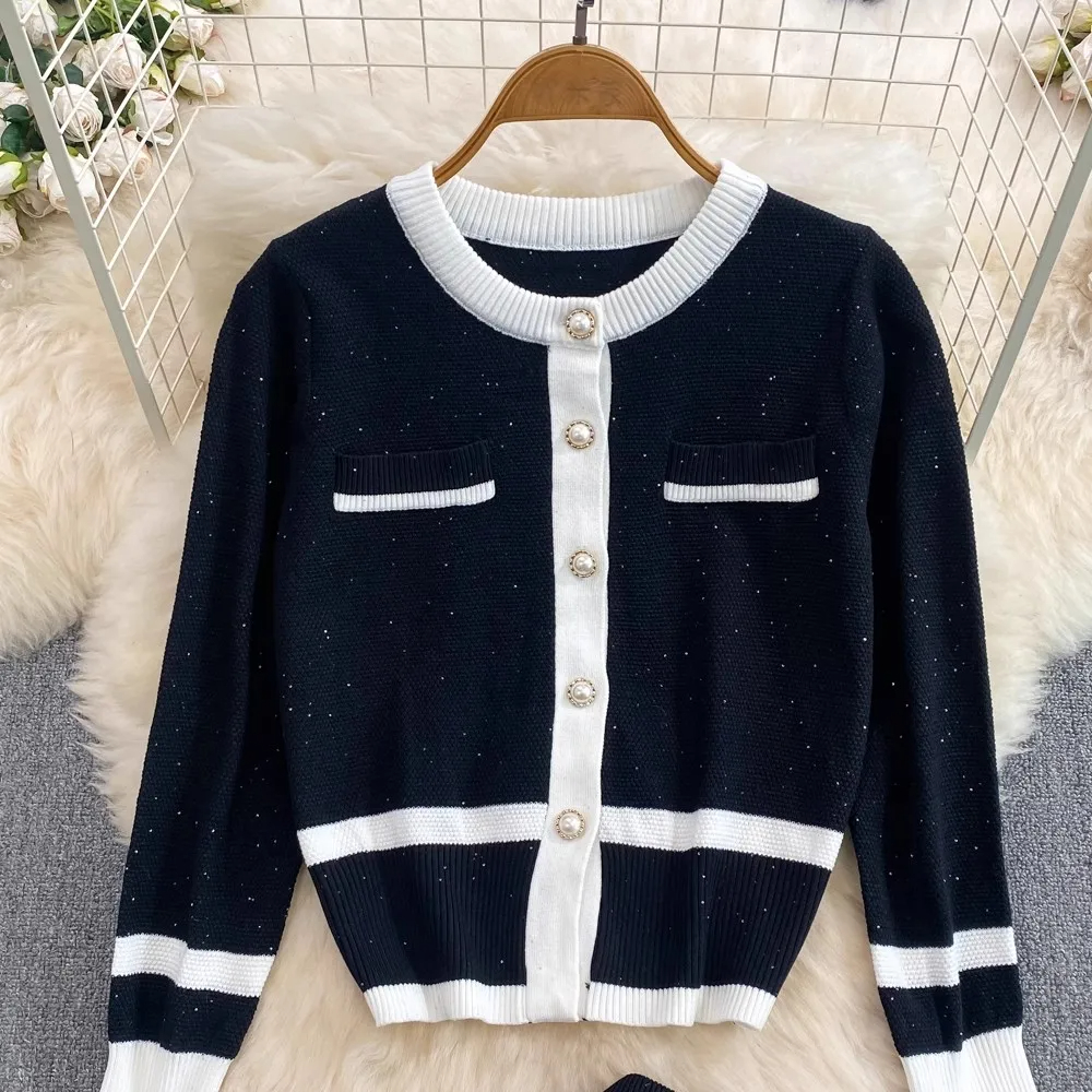 Dress Autumn Winter Striped Knitted Two Piece Set Women Christmas Pearls Single Breasted Sweater Coat And Straight Midi Skirt Suits 2025