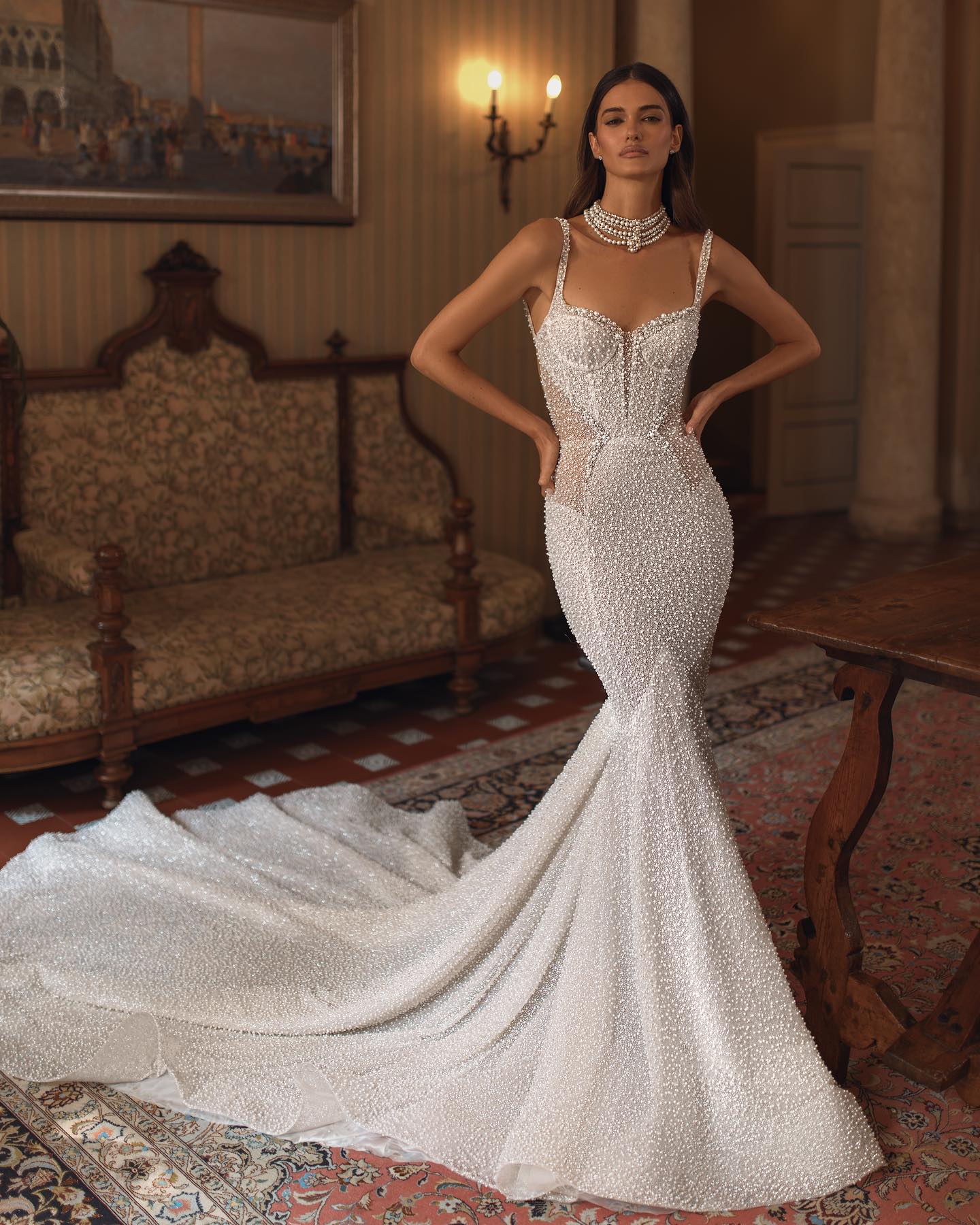 Berta Pearls Mermaid Dresses Spaghetti Wedding Dress Sweep Train Illusion Back Bridal Gowns 0515