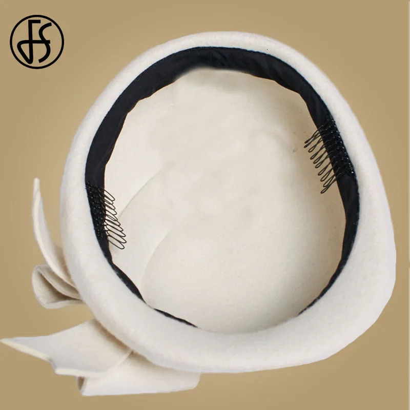 Berets FS Elegant Beret Women's Wool Felt Fascinators Fedora Red Women Church Hats White Black Wedding Ladies Hat Bow Caps Pillbox Hat 231208