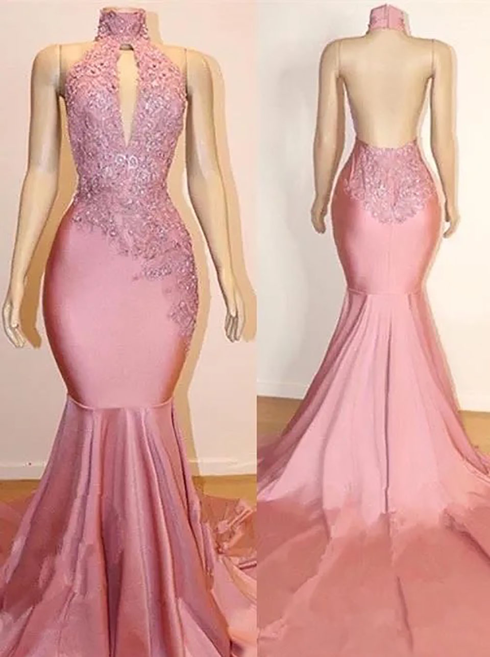 Evening Dresses Pink Prom Gown Party Mermaid Beaded Applique Custom Zipper Lace Up Plus Size New High Neck Sleeveless Elastic Satin Backless