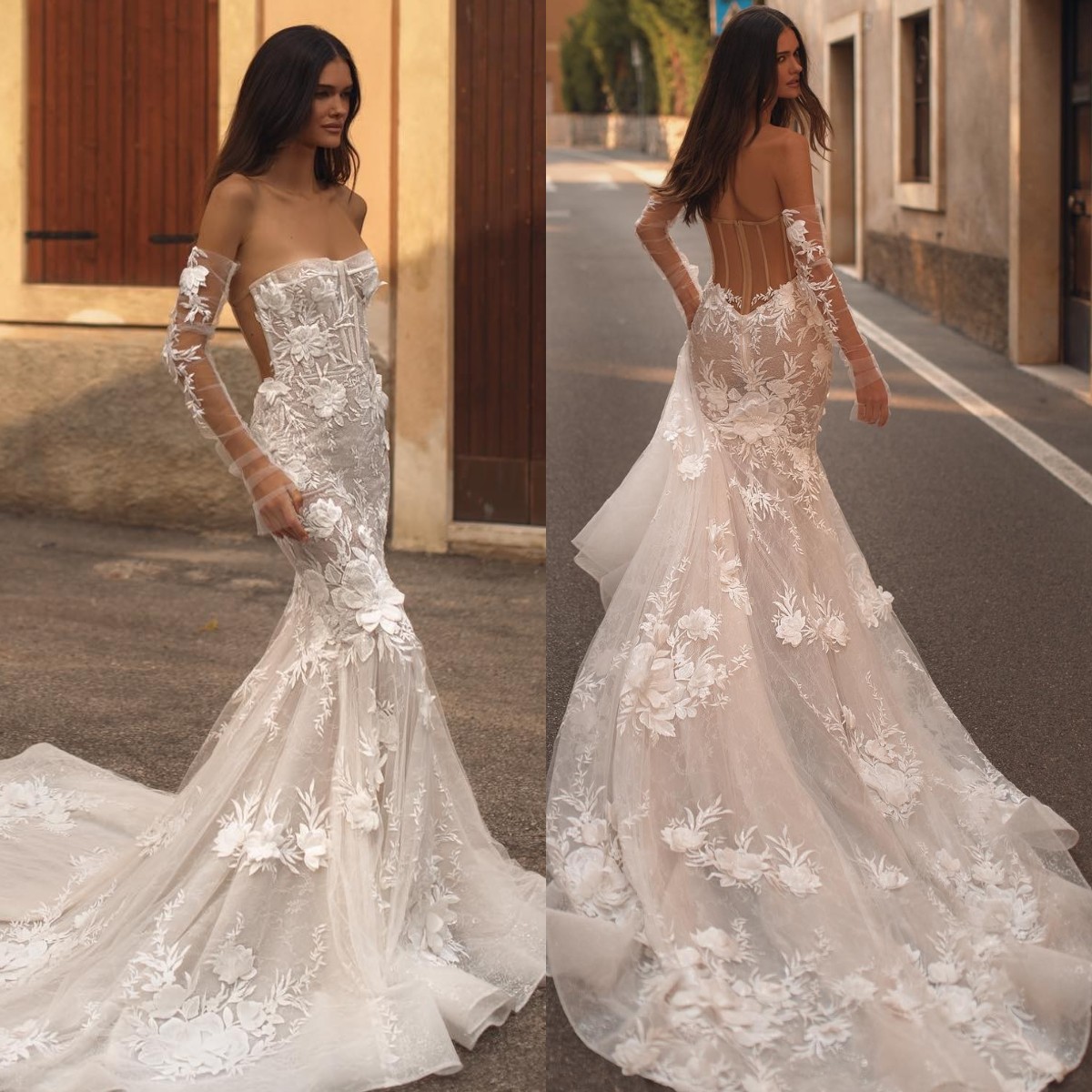 Berta Lace Mermaid Dresses Strapless Backless Wedding Dress Sweep Train 3D Floral Appliques Lace Bridal Gowns 0515