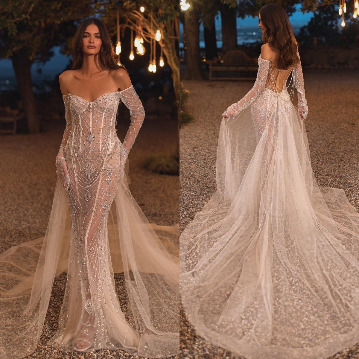 Berta Crystal Mermaid Dresses Off Shoulder Long Sleeves Overskirts Wedding Dress Sweep Train Illusion Back Bridal Gowns