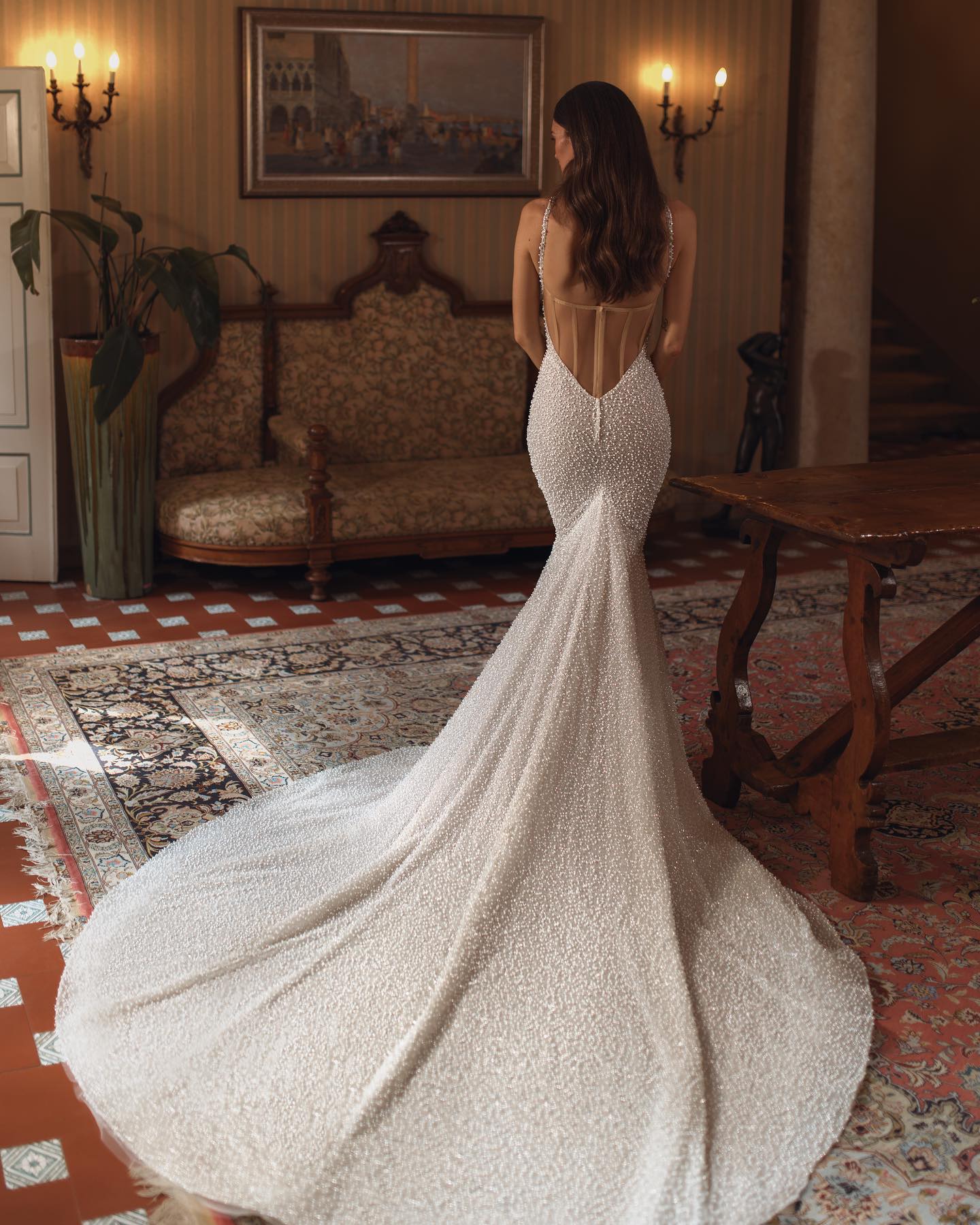 Berta Pearls Mermaid Dresses Spaghetti Wedding Dress Sweep Train Illusion Back Bridal Gowns 0515