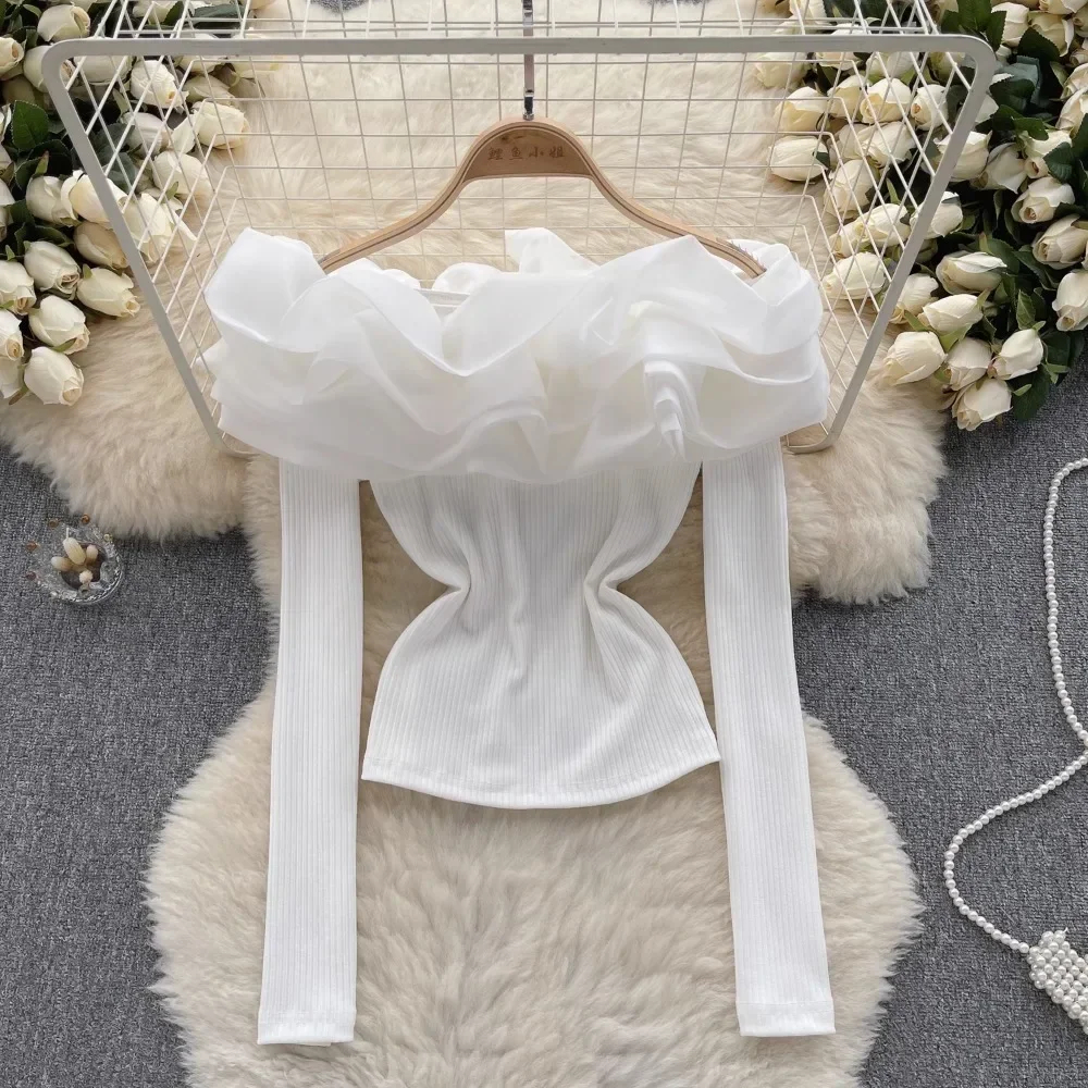 Womens Blouses Shirts Knitting Blouse For Women Fashion Slash Neck Long Sleeve Flounced Edge Skinny Shirts Autumn Elegant Female Tops Dropship