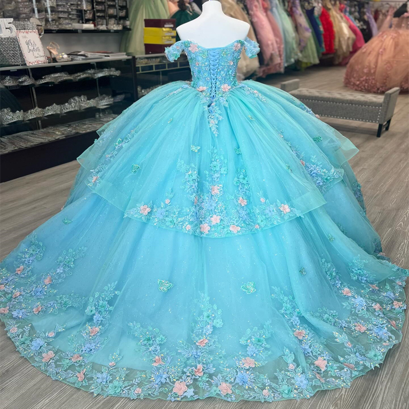 Aqua Blue Sequin Appliques Lace Bow Off The Shoulder Quinceanera Dress 2025 Ball Gown Sweep Train Tulle Princess Party Prom Dress