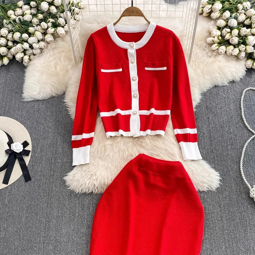 Dress Autumn Winter Striped Knitted Two Piece Set Women Christmas Pearls Single Breasted Sweater Coat And Straight Midi Skirt Suits 2025
