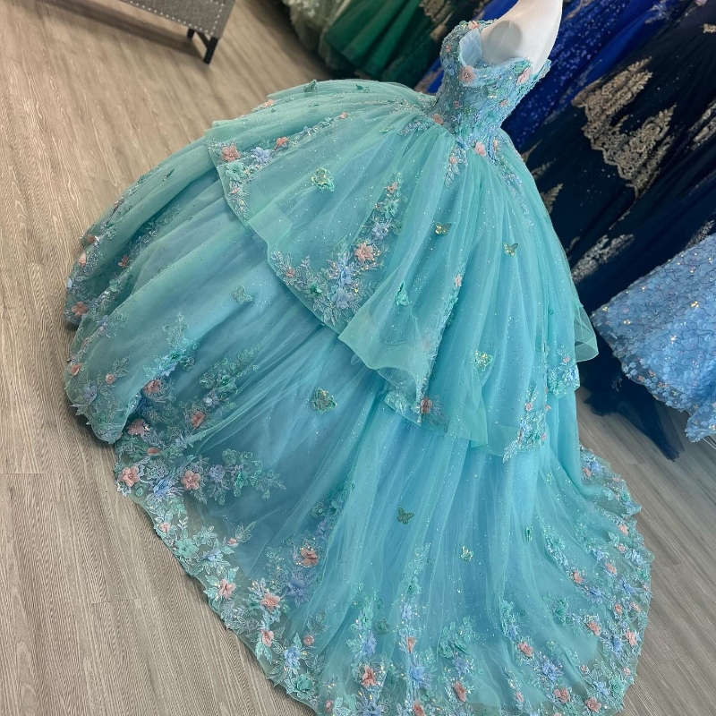 Aqua Blue Sequin Appliques Lace Bow Off The Shoulder Quinceanera Dress 2025 Ball Gown Sweep Train Tulle Princess Party Prom Dress