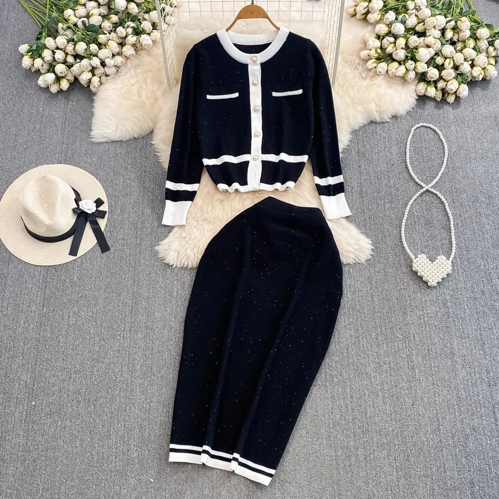 Dress Autumn Winter Striped Knitted Two Piece Set Women Christmas Pearls Single Breasted Sweater Coat And Straight Midi Skirt Suits 2025