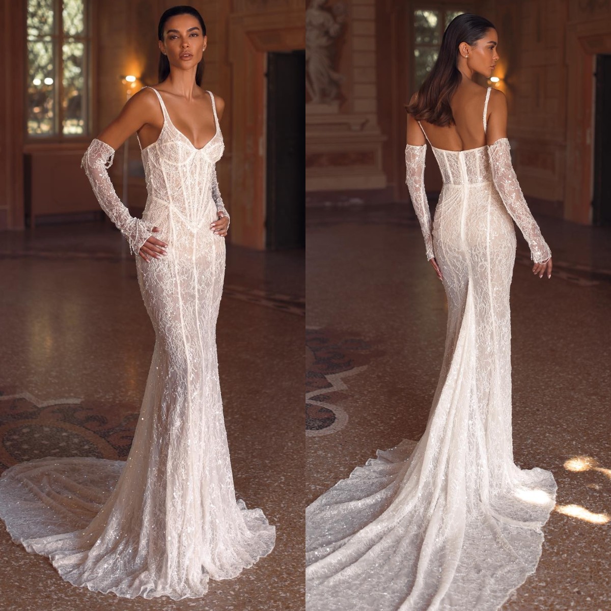 Berta Mermaid Dresses Straps Backless Wedding Dress Sweep Train Sequins Lace Bridal Gowns
