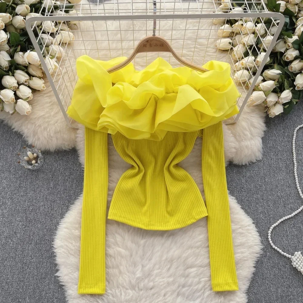 Womens Blouses Shirts Knitting Blouse For Women Fashion Slash Neck Long Sleeve Flounced Edge Skinny Shirts Autumn Elegant Female Tops Dropship