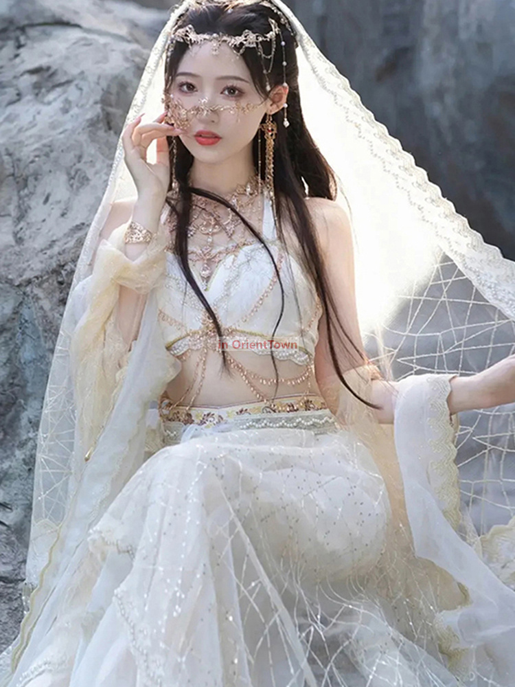 Exotic Trend Beauty Girl Dress From Ancient China Western Regions Suspenders Chest Pads Outfit Dunhuang Feitian Dance Costume