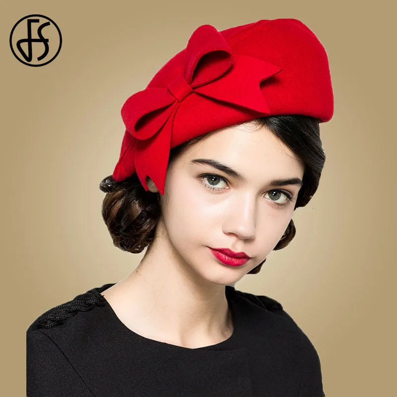 Berets FS Elegant Beret Women's Wool Felt Fascinators Fedora Red Women Church Hats White Black Wedding Ladies Hat Bow Caps Pillbox Hat 231208