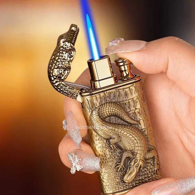 New 3D Relief Dragon Crocodile Double Fire Lighter Metal Windproof Jet Open Conversion No Gas Smoking Men's Gift W260202