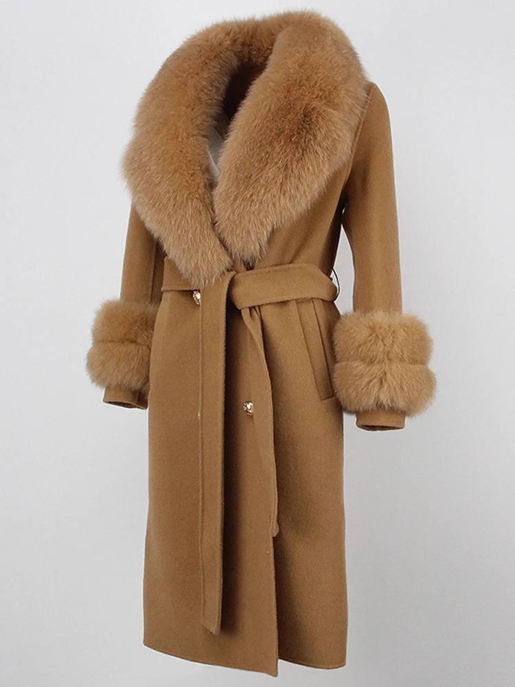 Women's Fur Faux Fur OFTBUY Winter Jacket Women Long Natural Wool Blends Cashmere Real Fur Coat Double Breasted Belt Warm Streetwear Fashion 2312