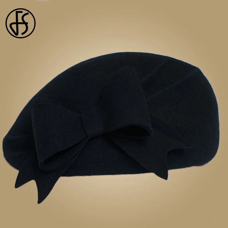 Berets FS Elegant Beret Women's Wool Felt Fascinators Fedora Red Women Church Hats White Black Wedding Ladies Hat Bow Caps Pillbox Hat 231208
