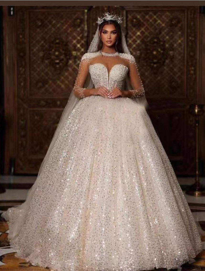 2024 Classic Sequins African Wedding Dress O-Neck Pearls Beads Long Illusion Sleeves Chapel Train Elegant Bridal Gowns Custom Made Vestidos De Novia