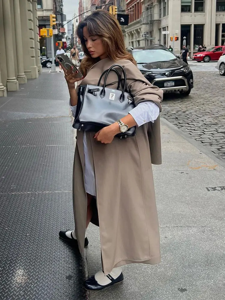 Women's Wool Blends Lapel Collar Long Sleeve Women Long Coat With Scarf Double Breasted Oversized Loose Female Overcoat Chic Autumn Winter Top 23